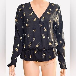 Chelsea28 Floral V-Neck Long Sleeve Black Blouse S